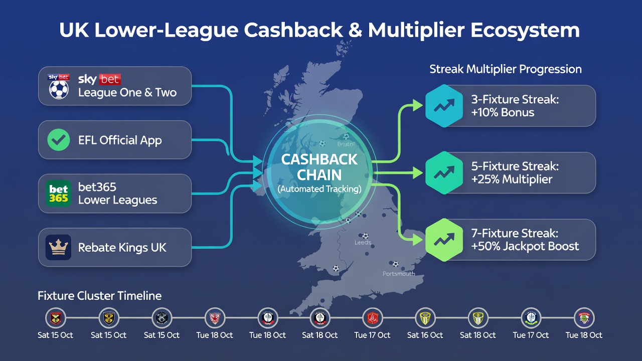 Detailed view of streak multiplier progression and cashback application on lower league betting interfaces