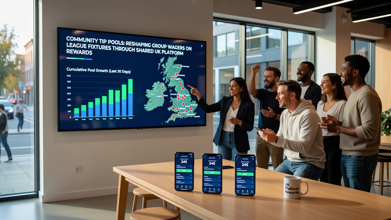 Screenshot of a UK betting platform showing active community tip pool for league matches with reward distribution details