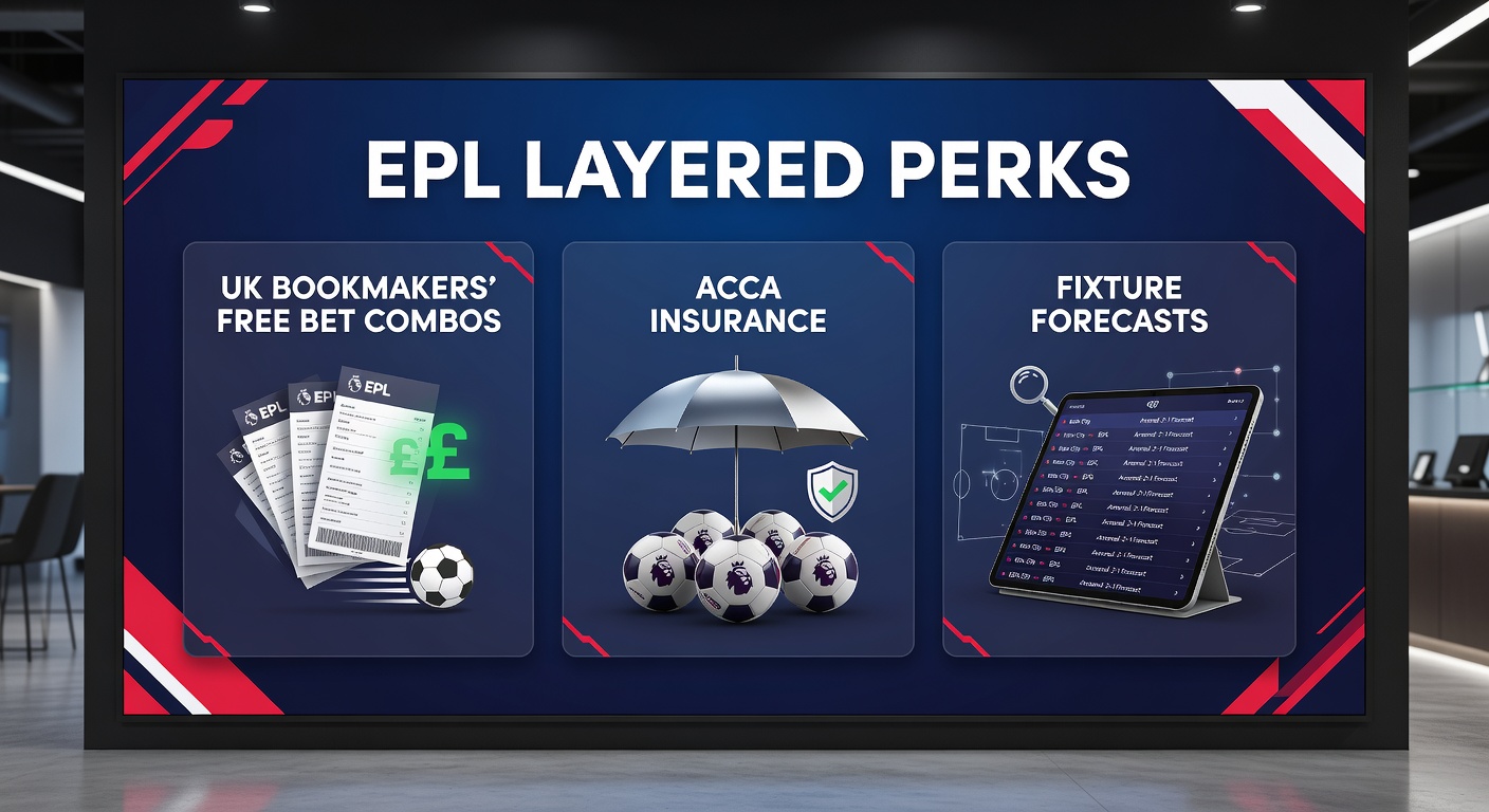 Close-up of a digital betting interface displaying acca insurance activation, free bet icons stacking up, and EPL fixture prediction graphs