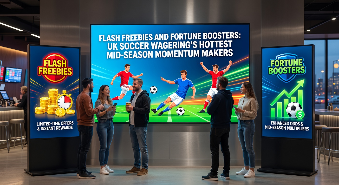 Close-up of a smartphone displaying live UK soccer betting promotions, featuring flash freebie alerts and fortune booster icons amid a dynamic match graphic