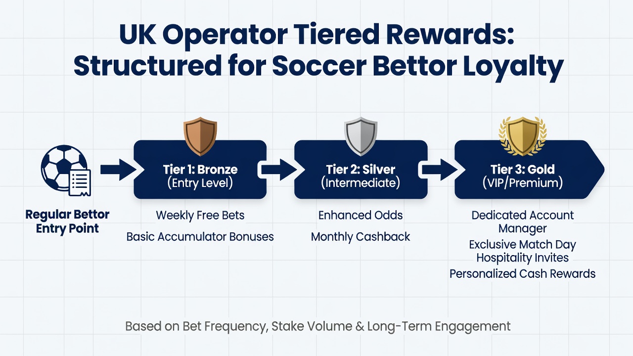 Infographic illustrating reward examples at each loyalty tier for soccer betting customers