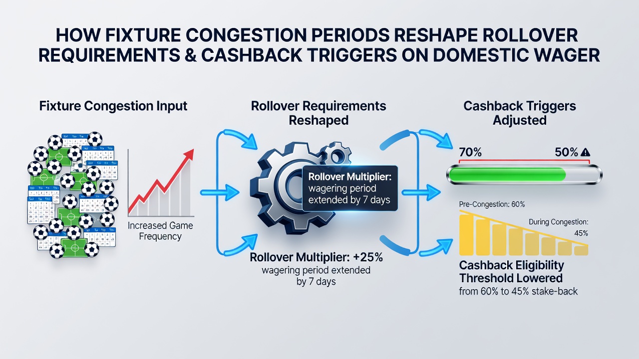 Dashboard interface displaying updated cashback percentages and rollover counters on a betting app during a busy fixture week