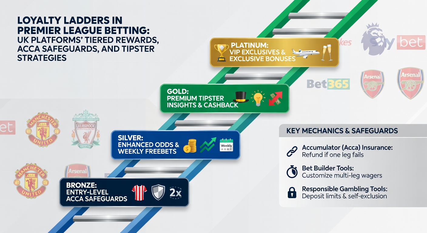 Infographic showing accumulator safeguards at different loyalty tiers, with shields around Premier League match icons and safety net graphics