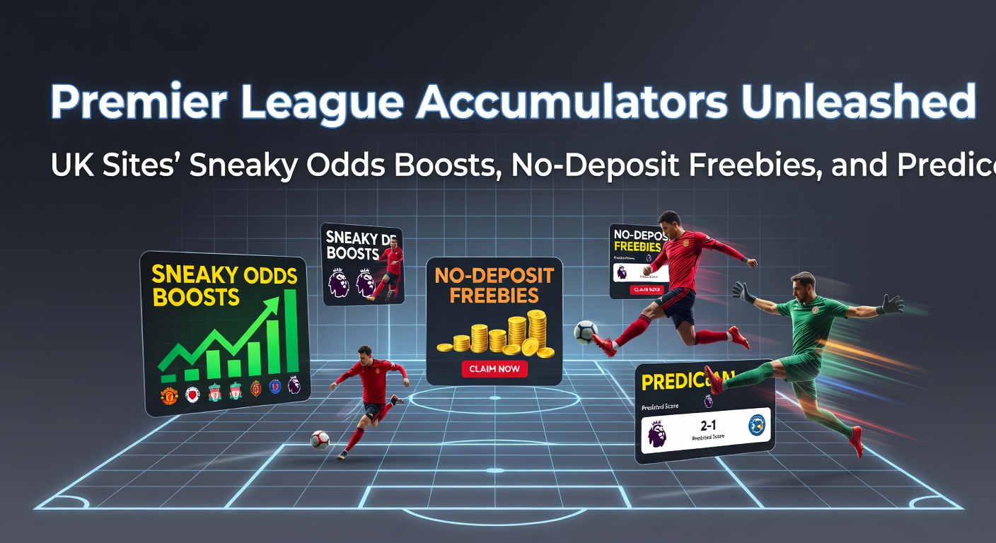 Dynamic infographic illustrating odds boost mechanics with Premier League match previews, free bet tokens, and prediction charts climbing toward jackpot payouts