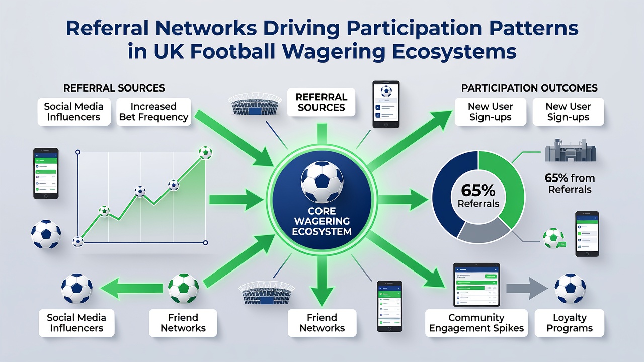Graph and network diagram illustrating participation growth through referrals in UK football wagering from 2025 to 2026