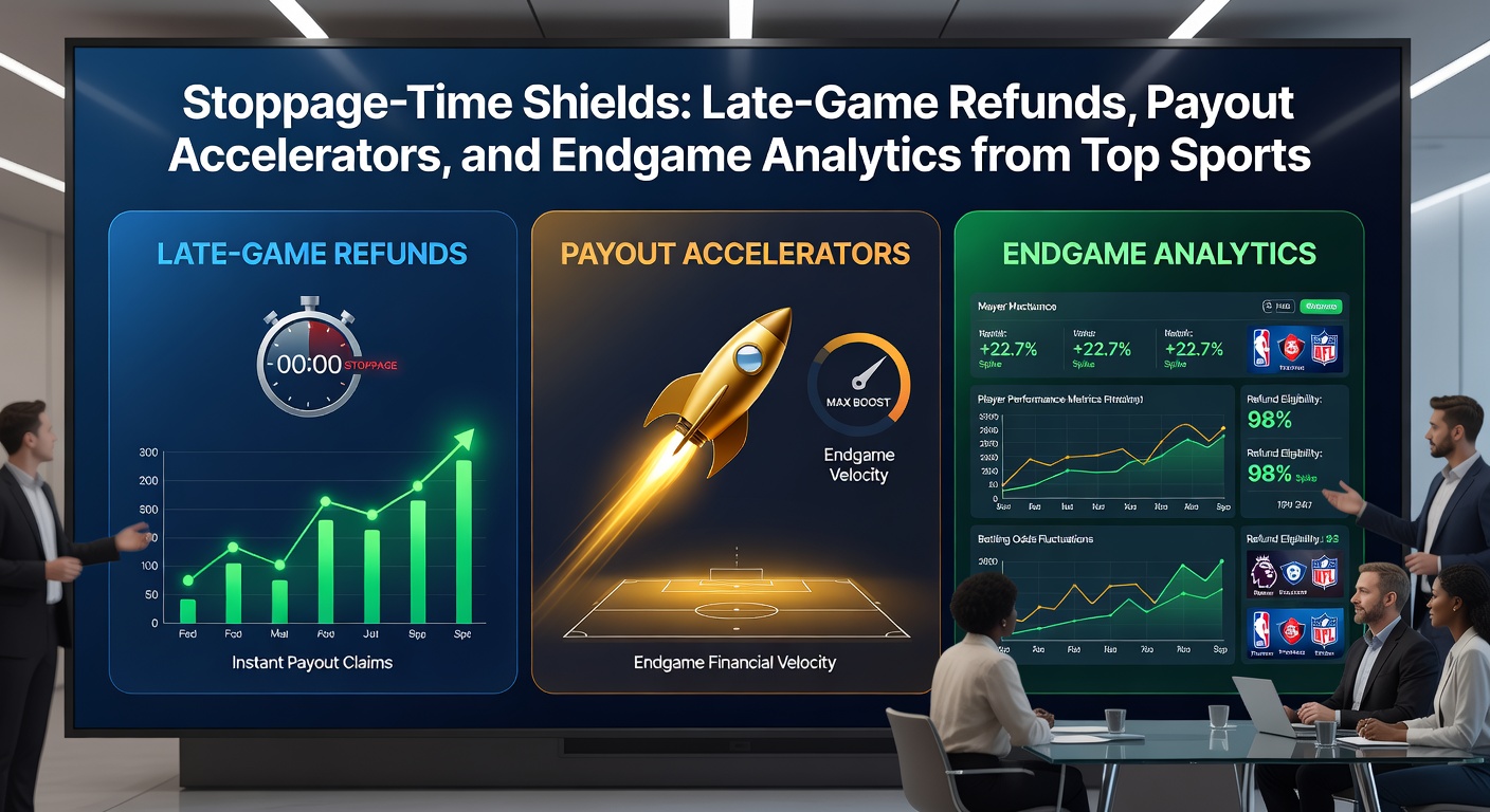 Screenshot collage of sportsbook apps displaying stoppage-time refund notifications, early payout buttons, and live analytics graphs during a soccer match
